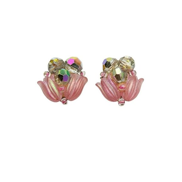 Pink Tulip Bead Aurora Borealis Crystal Gold Tone Clip Earrings Vintage - Picture 1 of 4